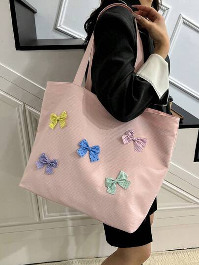 حقيبة كبيرة سعة كبيرة مزينة بفيونكة عصرية وجميلة، مناسبة لطلاب الجامعة والتنقل والتسوق