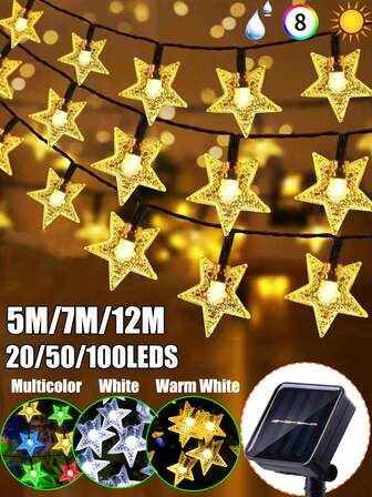 Solar Led String Light Garden Outdoor Waterproof Christmas Lighting String Star-Shaped LEDS 5m-20 Leds / 7m-50 Leds / 12m-100 Leds Solar Star Lights String Flashing 8 Modes Available Solar Fairy Light For Christmas Trees Decor Garden, Courtyard,Terrace, Lawn ,Branches ,Corridor,Wall ,Room,Camping Wedding And Party Christmas, Ramadan, New Year And Holiday Decoration
