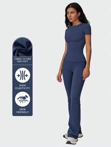 Bộ đồ thể thao 2 mảnh MFVIM dành cho nữ, áo tay ngắn và quần ống loe cạp cao, màu trơn, dáng ôm, bộ đồ thể thao ngoài trời năng động, phù hợp cho mọi mùa. - Màu xanh hải quân - Xem 6