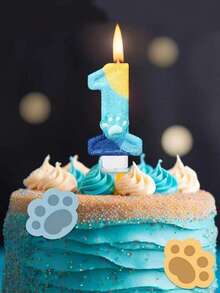 蓝黄相间的狗爪印、猫爪印、数字0-9宠物纪念日、生日派对蛋糕装饰蜡烛 - 彩色 - 查看 2