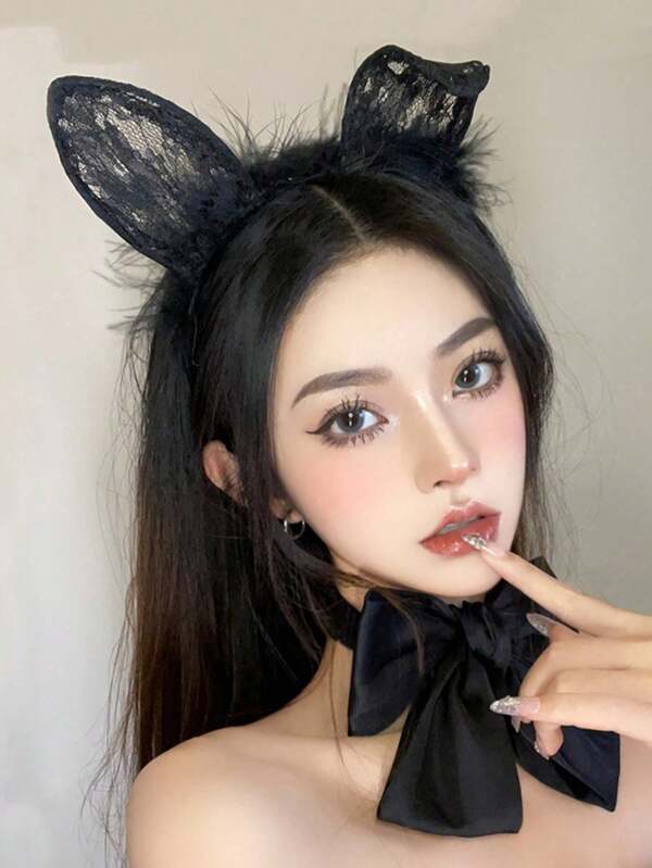 Sexy Lace Cat Ears Headband With Soft Plush, Gothic Witch Bunny Ear Hair Band For Women, Valentines Day Party Festival Headpiece, Black, Hair Hoop