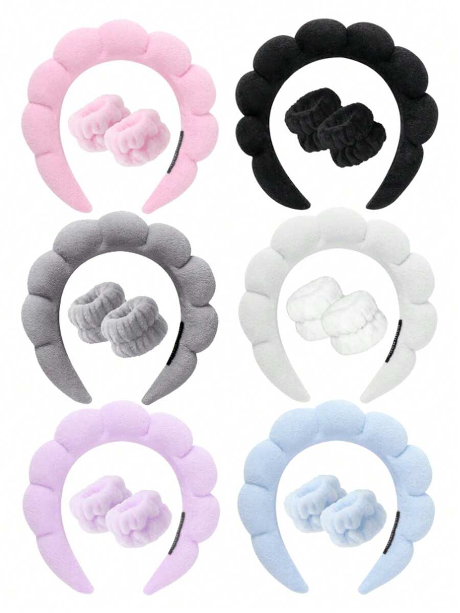 3件套水疗头带、化妆头带、洗脸头带、护肤头带、天鹅绒蓬松海绵头带、泡泡、水疗头带、腕带、女士和女孩发饰套装