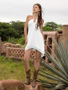 Faeriesty BohoBloom Women's Bohemian Style Backless Tie Strap Dress, Asymmetric Hem | Perfect For Beach Vacation, Music Festivals, Casual Outings, Weekend Getaways And Summer Sightseeing - White - View 1