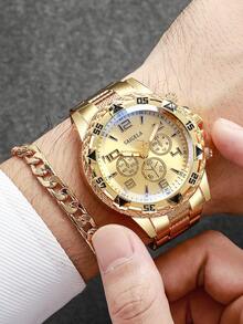 2pcs/Set Men's Steel Band Three-Eye Numeric Scale Large Dial Quartz Wrist Watch + Bracelet, No Watch Box Included - Gold - View 2