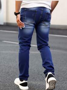 Jeans rectos rotos y ajustados casuales para hombre, estilo simple, cómodos y de moda, adecuados para viajes diarios y deportes al aire libre. - Azul - Ver 2