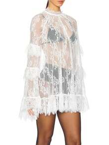 Women's See Through Lace Dress Long Sleeve Crew Neck Casual Loose Sheer Dress Vacation Beach Cocktail Mini Dresses - 白色 - 查看 2