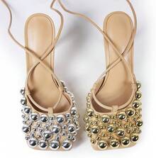 Saint Leia Women's 4IN High Heel Sandals Nude Stiletto Pumps With Gold Silver Pearls Heels For Weddings Parties And Evening WearChristmas - 裸金銀 - 查看 11