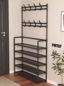 4-Layer/5-Layer Independent Metal Shoe Rack (The Material For Placing Shoes Is Non-Woven), Coat Rack, Multi-Functional Storage Hanger Outside The Door, Freestanding Wardrobe Hanger, Multi-Layer Indoor Shoe Rack With 8 Double-Hook Stainless Steel Shoe And Hat Combination Racks, 3-In-1 Space-Saving Storage Rack, Very Suitable For Bedroom, Living Room, Behind The Door, Corridor, Hat Rack, Shoe Rack, Portable Wardrobe, Luggage Storage Rack - Multicolor - View 3