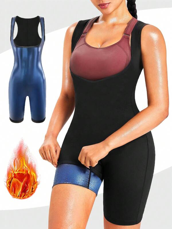 1pc Women's Solid Color Full Body Sauna Suit Vest Sports Jumpsuit High Waist Butt Lifting Sexy Fitness Tight Pants Slim Waist Training Vest Shorts Set, Butt Lifting Sauna Shaping Shorts, Women Weight Loss Slim Fit Sports Shorts Yoga Fitness Tight Pants Abdominal Control, Abdominal Fat Training Vest Sweater Set