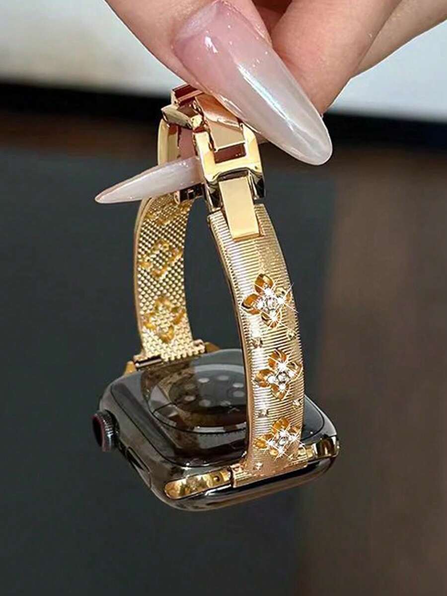 1 pieza Compatible con la correa de Apple Watch Correa de Apple Watch Pulsera de metal dorado delgada Compatible con Apple Watch Mujer - Patrón geométrico de talla calada con flores y rhinestones, correa ajustable sin herramientas, regalo para ella, compatible con Apple Watch, compatible con Apple Watch Ultra, accesorios de Apple Watches, accesorios de joyería de moda para todas las estaciones