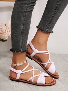 New Plus Size Women Comfortable Simple Round Toe Hollow Criss-Cross Elastic Flat Slippers Sandals, Casual Fashion Outdoor Vacation Beach Summer Shoes