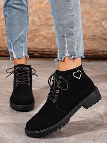 Botas de motocicleta de moda versátil y lujosa con cordones y cremallera lateral, estilo retro europeo y americano con tacón grueso y tacón bajo, adecuado para vacaciones y vuelta al colegio, botines y botas cortas, botas cálidas con cabeza redonda y botón de amor, botas con hebilla de metal para mujer, zapatos de oficina para mujer, botas de invierno deslizantes