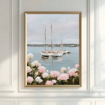 1 pieza Póster enmarcado/sin enmarcar de veleros, hortensias, paisaje costero para nieta, arte de pared de paisaje marino, impresión en lienzo minimalista, decoración de casa de playa, estética para apartamento, sala de estar, dormitorio, decoración del hogar moderna