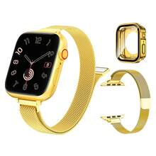 Gold Apple Watch Band, Slim Milanese Loop Compatible With Apple Watch 38mm 40mm 41mm 42mm 44mm 45mm 46mm 49mm, Glitter Gold Slim Bracelet Band For Women, Gold Apple Watch Covers For Women Watches, 2 In 1 Apple Watch Case With With Built-In Screen Protector, New Design Ultra Thin Straight Edge Hard PC Full Body Protective Cover For Apple Watch, 2pcs Watch Accessories For Apple Watch Series 10 9 8 7 6 5 4 3 2 1 Ultra SE
