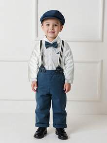 BOARNSEORL Outfit da gentiluomo per bambini maschi, include camicia a maniche lunghe con fiocco, pantaloni con bretelle e cappello, adatto per feste di compleanno, eventi formali, matrimoni, battesimi, occasioni festive
