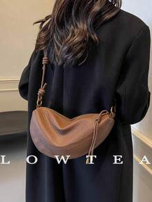 1 pieza Bolso de hombro de mujer de unicolor de piel de PU, bolso de hombro en forma de media luna de moda vintage con cierre de cremallera, adecuado para uso diario y al aire libre - Café - Ver 6