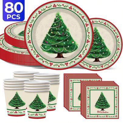 [New Arrivals For Christmas]Christmas Themed 100pcs/Set Disposable Cutlery Set, Including 7-Inch Paper Plates, 9-Inch Cardboard, 9-Ounce Cups, Napkins, Suitable For Daily Gatherings, Birthday Parties, Bridal Showers, Baby Showers, Clubs, Weddings, Tea Parties, Picnics, Outdoor Outings, And Themed Parties., Family Dinner Supplies, Christmas Party Supplies