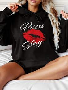 Women's Fashionable Black Hooded Sweater With Pisces Left Behind Pattern Print - Warm Long-Sleeved Pullover, Casual Strap-On Hooded Sports Shirt, Suitable For All Seasons, Casual Pullover Shirt