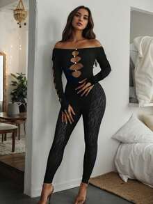 Women's Off-Shoulder Hollow-Out Jumpsuit - Black - View 5