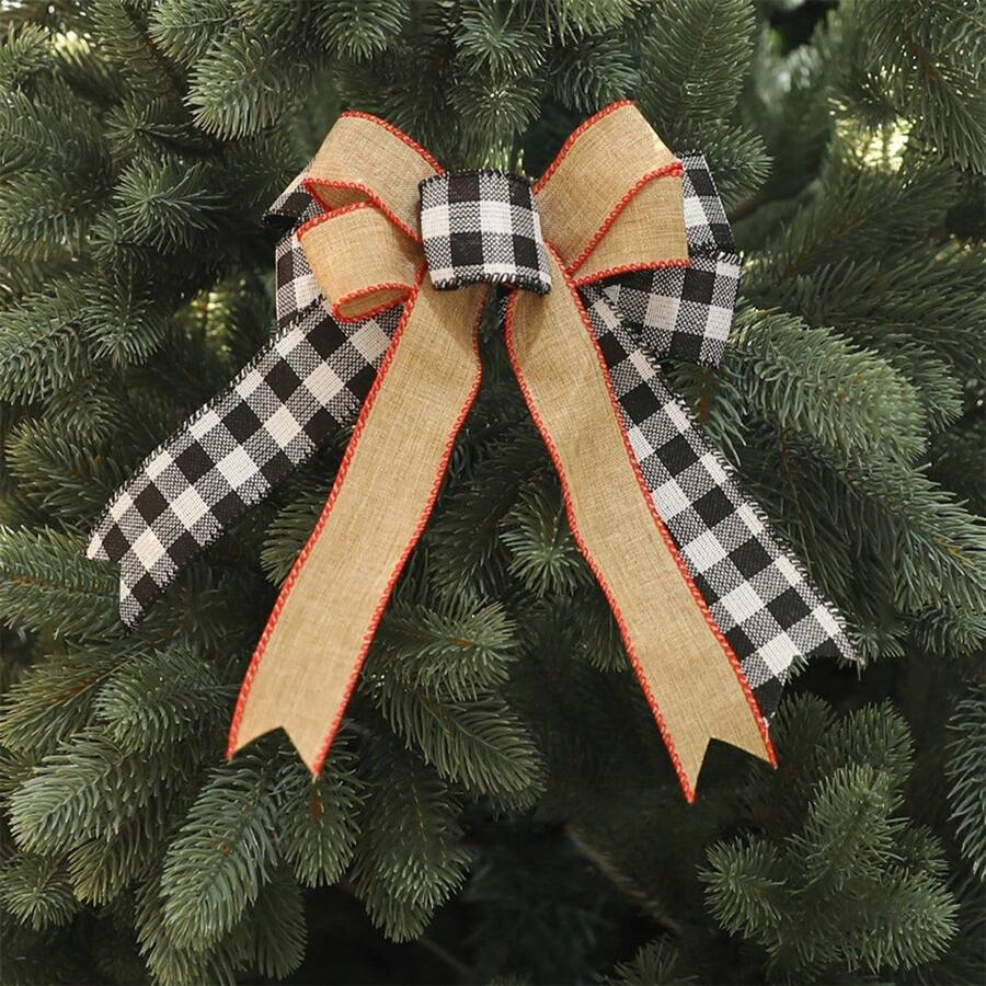 Lazos para árbol de Navidad con purpurina, adornos de lazo a cuadros de búfalo para fiestas navideñas en casa. - Negro - Ver 1