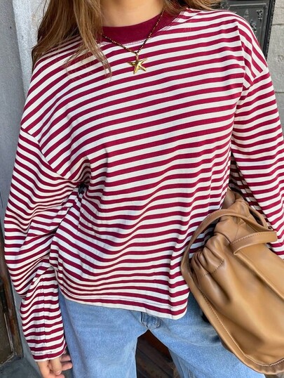SOLTRB Women Casual Korean Style Loose Striped Contrast Color Trim T-Shirt, Daily Wear