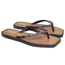 Women's Lumix Rhinestone Flip Flops With Straw Sole And Stylish Beach Flip Flops - Black - View 3