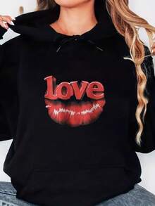 Valentine's Day Lover Hoodie Fashion Drawstring Hoodie Cozy Long Sleeve Hooded Sweatshirt Women's Hoodie With Kangaroo Pocket - 黑色 - 查看 2
