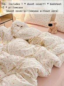 4pcs Romantic Tulip Floral Bedding Set (1*Duvet Cover + 1*Flat Sheet + 2*Pillowcases), Butterfly Print, Pink Sheet, Monet Garden, Sweet Home Decor, Machine Washable, All Season (No Filling) - Dusty Pink - View 3