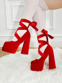 Platform High Heels For Women Goth Sexy Bow Chunky Heel Mary Janes Dressy Ankle Strap Round Closed Toe Y2K Shoes Elegant Outfits Valentine's Day - Đỏ - Xem 7