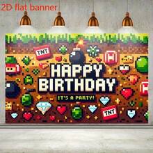 Fondo de fotografía de poliéster con tema de juego de píxeles 2D plano, adecuado para fiesta de cumpleaños de videojuegos, batalla y decoración de mesa de pastel