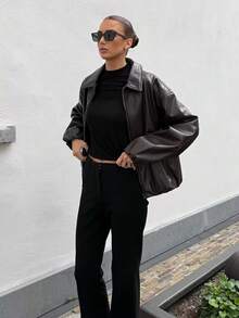 Áo khoác giả da dài tay có khóa kéo dành cho nữ mùa xuân/thu, áo khoác ngắn thời trang thường ngày mới. - màu nâu - Xem 2