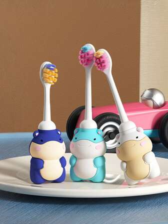 1 pieza Cepillo de dientes infantil suave con cerdas y diseño de nutria de dibujos animados, para niños de 0 a 3 años, cepillo de dientes para niños de 3 a 6 años, cepillo de dientes específico por edad, limpieza profunda y eliminación de manchas, cepillo de dientes de entrenamiento para bebés