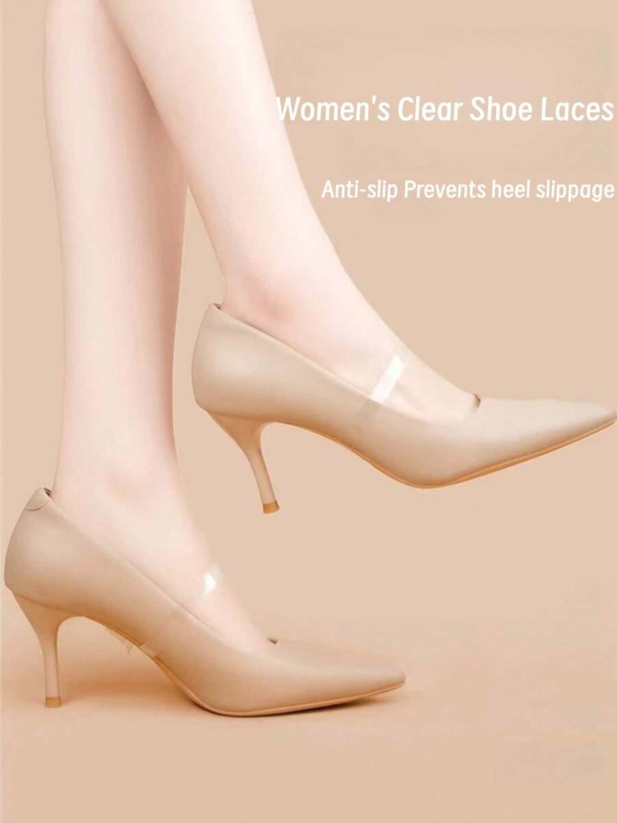 1 par de cordones elásticos transparentes para mujer, con diseño antideslizante y longitud ajustable, que evitan eficazmente que los zapatos se deslicen debido a un ajuste excesivo. Adecuado para tacones altos, zapatos de cuero y sandalias. - Transparente - no ajustable - Ver 1
