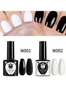 2件套黑白指甲油凝胶套装，可卸式夏季指甲油，需配合LED灯和UV灯使用。黑色指甲油，白色凝胶颜料，适合美甲沙龙DIY。
