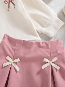 秋冬女宝宝可爱美式学院风休闲粉色蝴蝶印花上衣和粉色百褶裙套装 - 粉色 - 查看 3