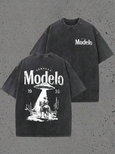 Double Sided Washed Printing Modelo UFO Cowboy Graphic Water Washed T-Shirts, Round Short Sleeved Tees, Summer Street T-Shirts, Holiday Gifts