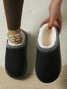 女士毛绒绒面毛茸茸拖鞋，厚底一脚蹬拖鞋，冬季时尚户外雪地靴，宽松一脚蹬拖鞋，带 TPR 防滑鞋底，适合室内和室外使用 - 黑色 - 查看 6