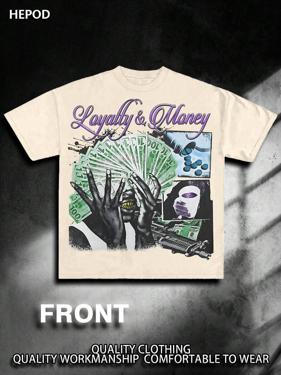 Flyrich, Who Cares Get Some Money? Street Wear, Y2K, (Cotton Graphic T-Shirt)  Men's Summer Round Neck Short Sleeved Casual Pure Cotton Christian Clothes Print Tee - Màu be - Xem 1