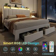 SHA CERLIN Full/Queen/King Size Platform Bed Frame With Vertical Channel Tufted Wingback Headboard, 2 Storage Drawers, 2-Tier Shelves With LED Lights, Charging Station, Noise Free, No Box Spring Needed, White - Xem 3