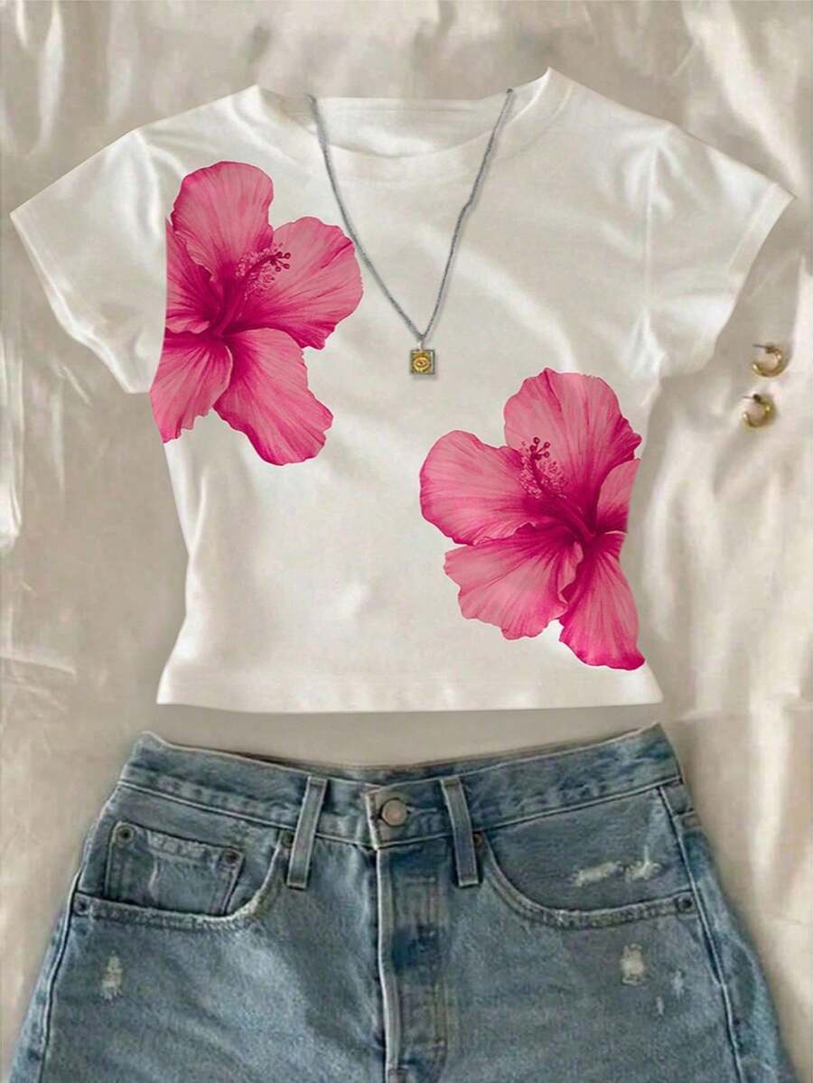 Crop top estampada mujer cuello redondo y mangas cortas, uso casual diario tshirts para mujeres Flores - Flor rosa - Ver 1