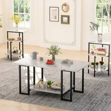 Coffee Table Set Of 3, Rectangle Coffee Table And 2 Accent Table, Faux Marble Tabletop,3 Piece Living Room Table Sets With Multi Tier Storage, For Small Space, Apartment, White And Blcak - White - View 9