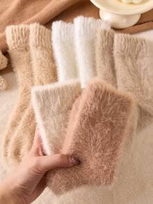2/4 Pairs Women's Plush Thermal Warm Socks Simple Mink Plush Socks Mid-Calf Socks Crew Socks Thick Soft Fluffy Comfortable Socks Floor Socks, Christmas Gift, Random Color, Suitable For Fall&Winter, Cozy Socks - Multicolor - View 5