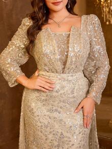 Đầm dạ hội dài tay cổ tim đính đá và sequin UNITHORSE, thích hợp cho các dịp trang trọng, đám cưới, trang phục nữ mùa thu xuân. - Rượu sâm banh - Xem 7