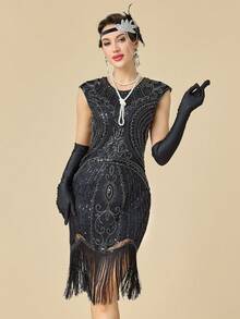 Váy đầm Flapper thập niên 1920 dành cho nữ, váy cocktail tua rua sequin Great Gatsby thập niên 20 - Bạc - Xem 4