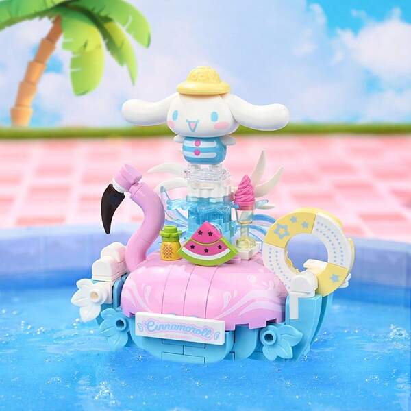 Juego de bloques de construcción con personajes de Sanrio para fiesta de piscina de verano, con figuras en miniatura, un regalo educativo y divertido para niños y niñas en fiestas de cumpleaños (Cinnamoroll - Flamenco flotante)