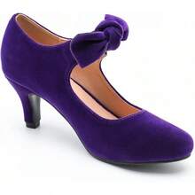 Women's Cute Bow Heels Mary Jane Kitten Heel Pumps Closed Round Toe Low Heels Ankle Strap Wedding Evening Party Dress Office Work Church Shoes-20256688 - 紫色天鵝絨 - 查看 10