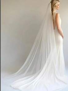 1 件优雅柔软长款薄纱婚纱，单层，剪裁整齐，简约新娘面纱，婚礼配饰，婚纱>新娘配饰，婚礼发饰，白色头纱，婚礼发饰，教堂式婚礼头纱，婚礼用品 - 彩色 - 查看 8