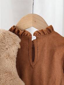 Bộ 2 món/Bộ đồ liền thân không tay nơ lông trơn màu cho bé gái + váy nhung kẻ thường ngày, mùa thu - màu nâu - Xem 4