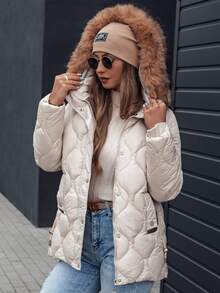 Gesteppte Winterjacke für Damen mit abnehmbarer Kapuze und Kunstfell, schmaler Passform, verstellbaren Seitenteilen, Reißverschluss und Druckknopfverschluss, eine elegante und warme Oberbekleidung mit Taschen, perfekt für Winterspaziergänge und Alltagslooks