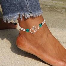 Women's Beaded Anklet With Silver Double Heart Elastic Stretch Ankle Bracelet Women's Summer Bohemian Jewelry